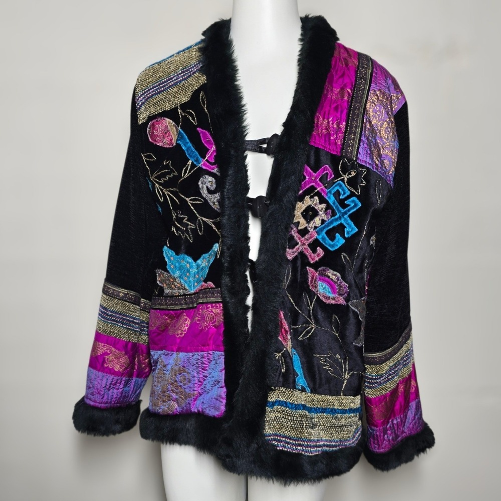 Patchwork‎ Velvet Silk Fur boho Jacket Women's Embellished Statement Coat M